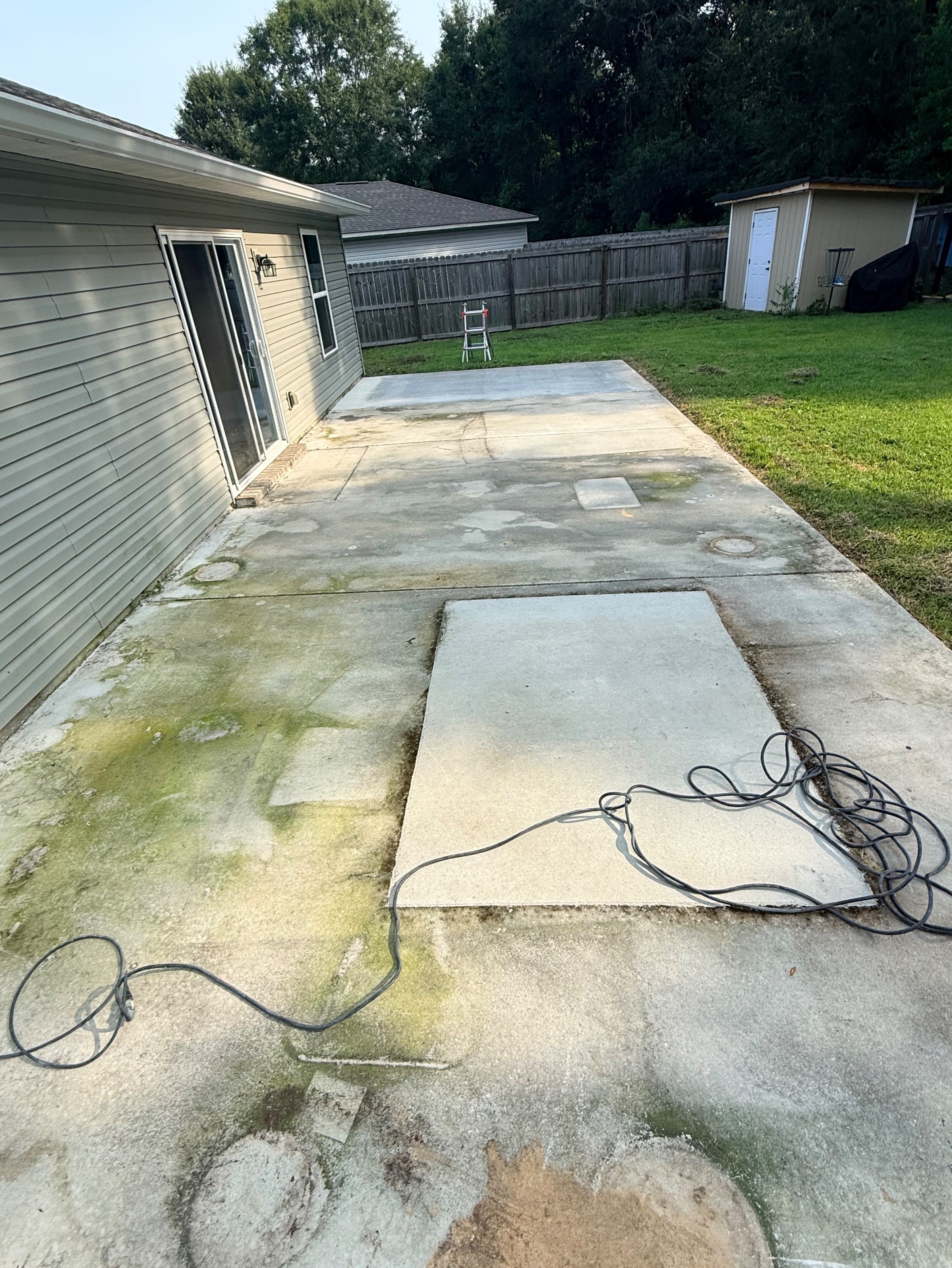 Before — dirty mossy concrete patio